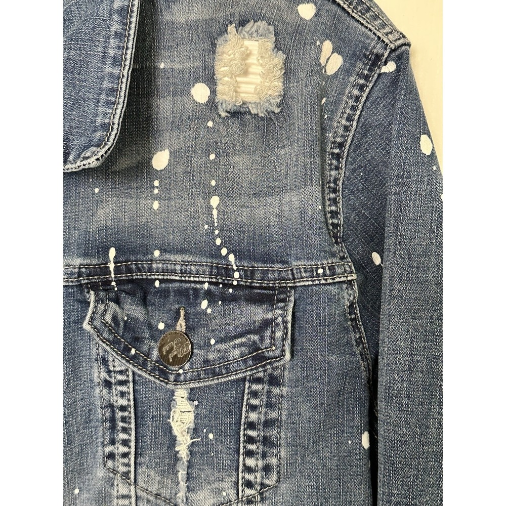 Blind Trust Denim Jean Jacket Distressed Splatter Paint Women's Size Medium Blue - Picture 5 of 12